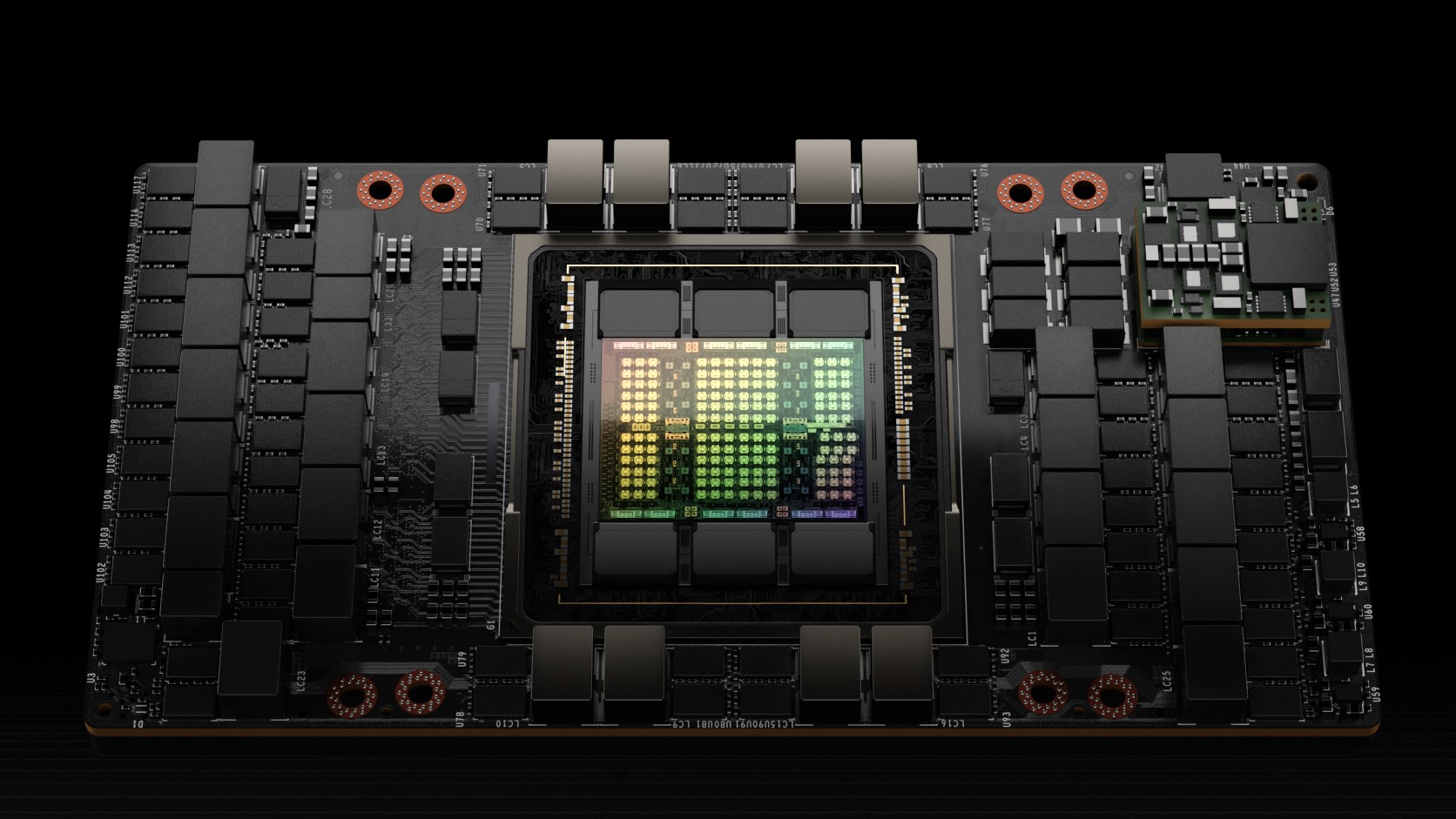 H100 SXM5：中间发光的是 GPU 芯片，上下各 3 块是 HBM 显存
