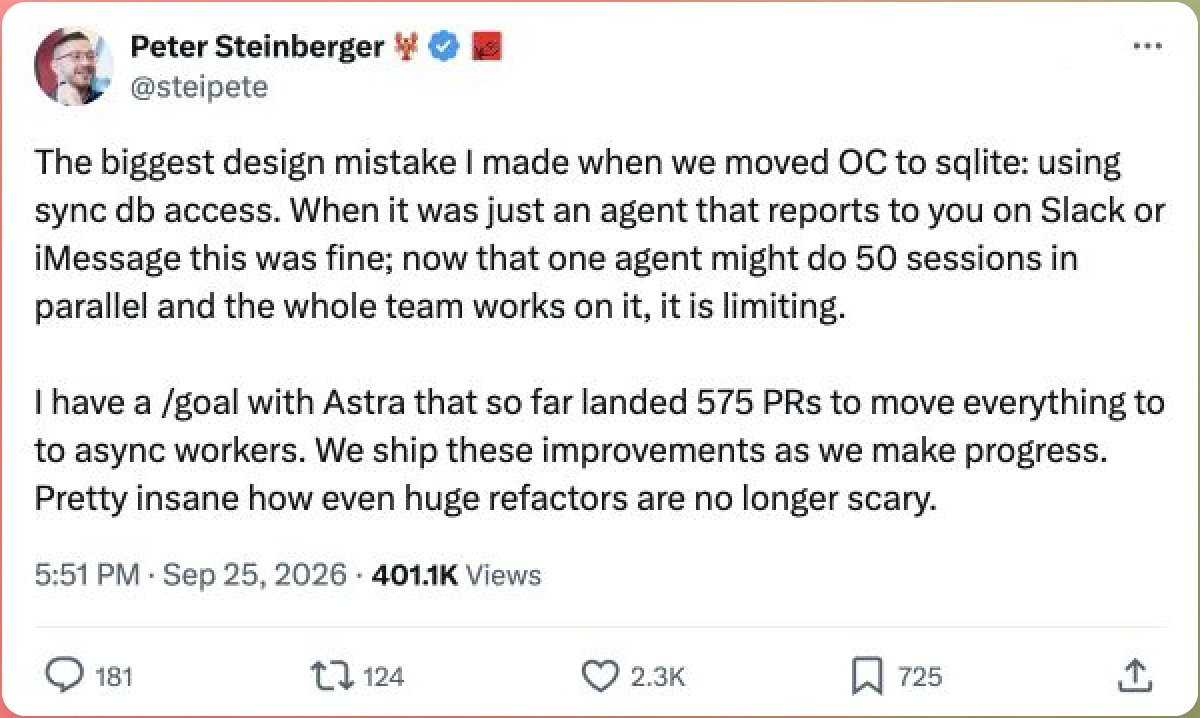 原图:Peter Steinberger 的帖子,称用 Astra 执行一项长时间重构,已合入 575 个 PR,把代码改为异步工作进程。