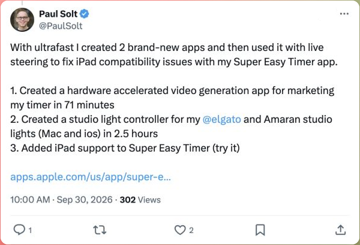 原图:开发者 Paul Solt 的帖子,称用超高速模式 71 分钟做出一个视频生成应用,2.5 小时做出一个摄影灯控制器。
